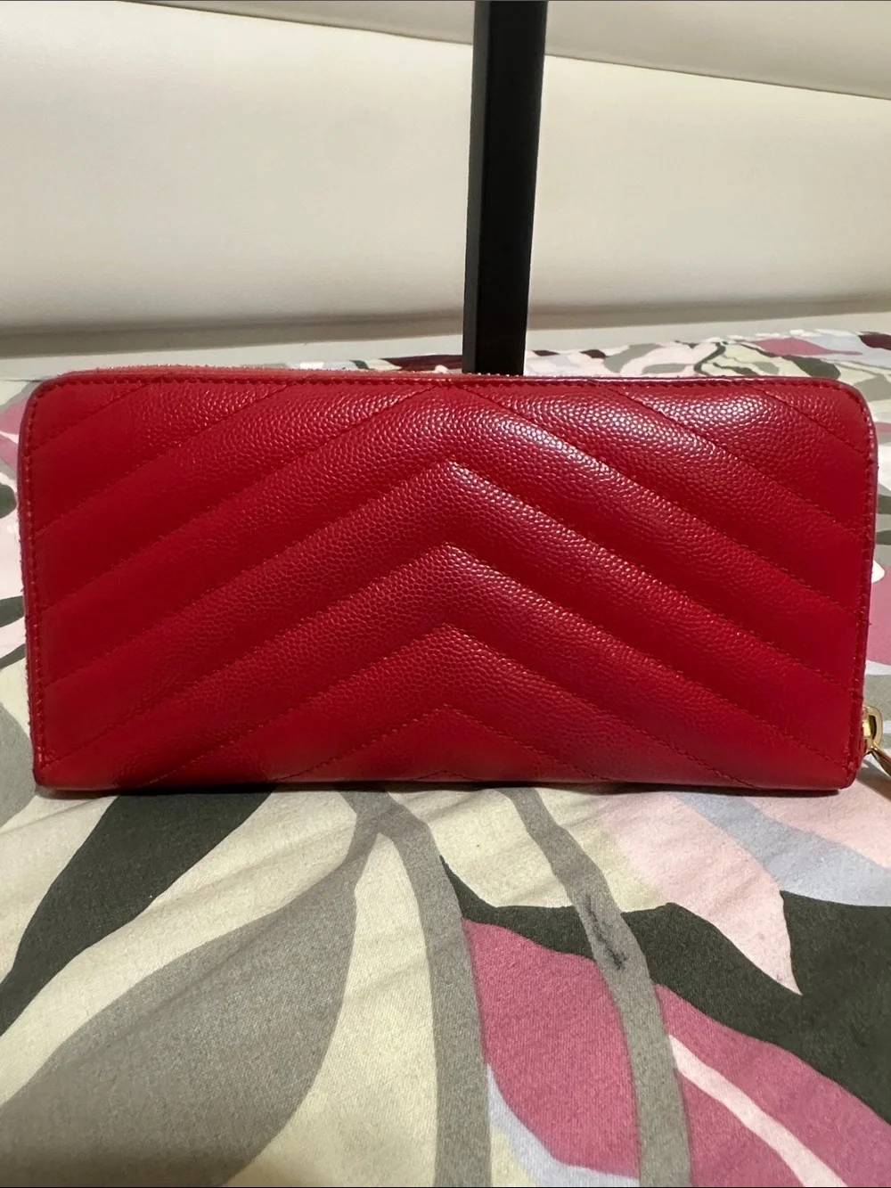 Yves Saint Laurent Red Quilted Zip-Around Wallet with Gold YSL Emblem
